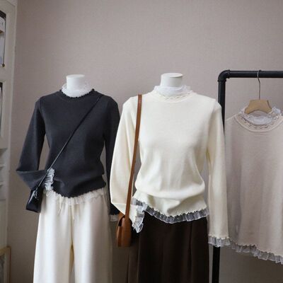 比正2025秋冬新韩系蕾丝拼接减龄