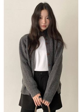 高级灰木扣肌理纹高领长袖毛衣外套女显瘦针织开衫11037强明女装
