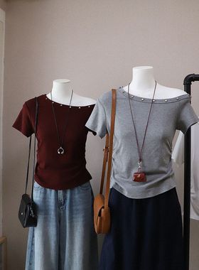 2026春夏新款韩版柳钉斜肩收腰显瘦百搭休闲短袖T恤5758强明女装