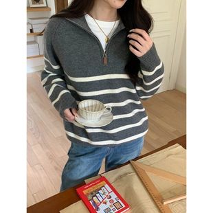 高智欧尼 慵懒风半拉链翻领宽松条纹毛衣ZY3366强明女装