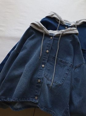 2025早春新品韩系拼接卫衣帽衬衣假两件宽松牛仔衬衫3378强明女装