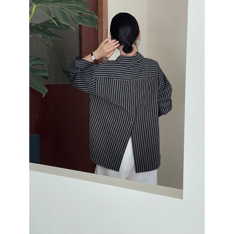 后背设计感~竖条纹衬衫2025秋新韩后背开叉纽扣衬衫2600 强明女装