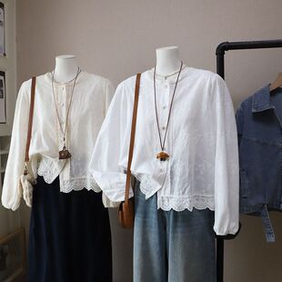 5853强明女装 2026早春新款 衬衫 花边圆领减龄刺绣显瘦泡泡长袖 韩版