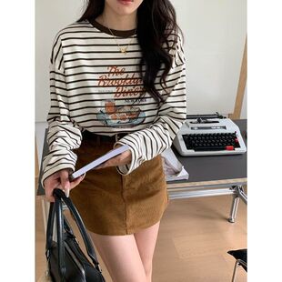 早秋新款 美式复古撞色圆领条纹长袖T恤ZY3240 强明女装