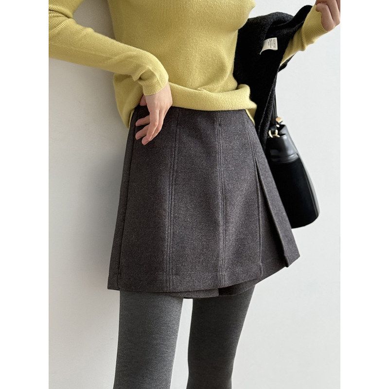 言双设计感高腰开叉毛呢裙裤冬季