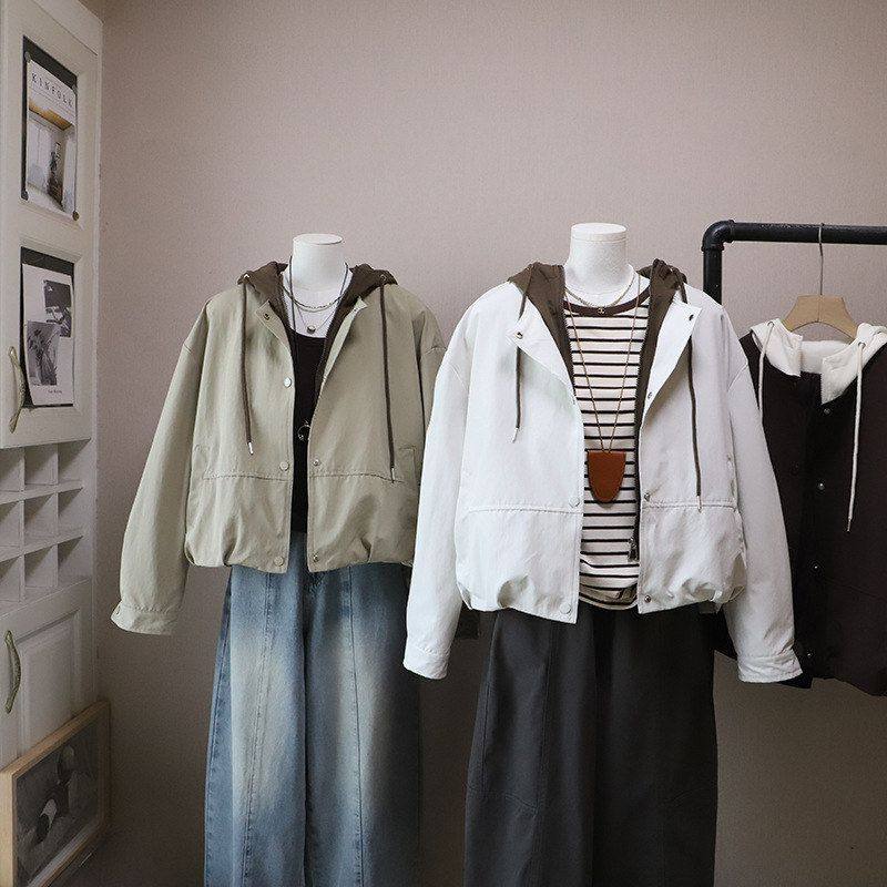 2026早春新韩版时尚休闲假两件撞色宽松连帽夹克外套5801强明女装