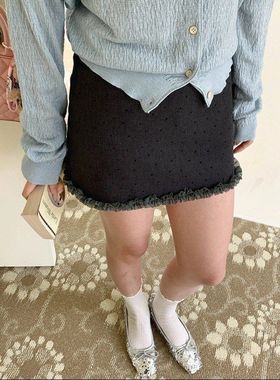 早春新款 韩系波点木耳花边高腰A字短裙ZY3886强明女装