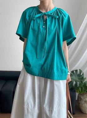 CHAO推荐短袖衬衫~日系套头小衫气质慵懒风设计感33030 强明女装