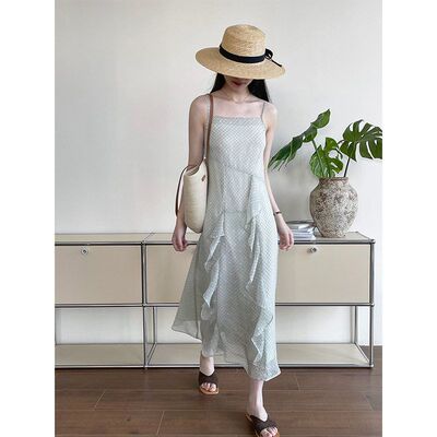 滔川法式甜美格纹吊带长裙女荷叶