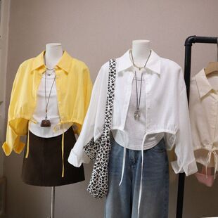 2026早春新款韩版时尚宽松休闲百搭抽绳短款长袖衬衫5777强明女装