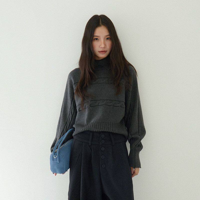 小翻领收腰显瘦蝙蝠袖毛衣秋冬麻花纹套头针织衫11077强明女装