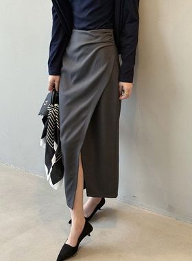 不规则开叉半身裙秋季高腰a字包臀裙气质中长款裙子82609强明女装