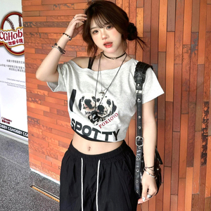 JCFS美式复古斜肩t恤女斑点狗印花辣妹露肩宽松休闲设计感上衣夏