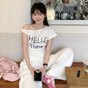 JCFS美式复古纯色斜肩短袖T恤女2025夏季新款宽松漏肩休闲上衣潮