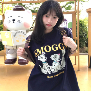 JCFS美式复古卡通斑点狗印花短袖t恤女早春小众设计感上衣打底衫