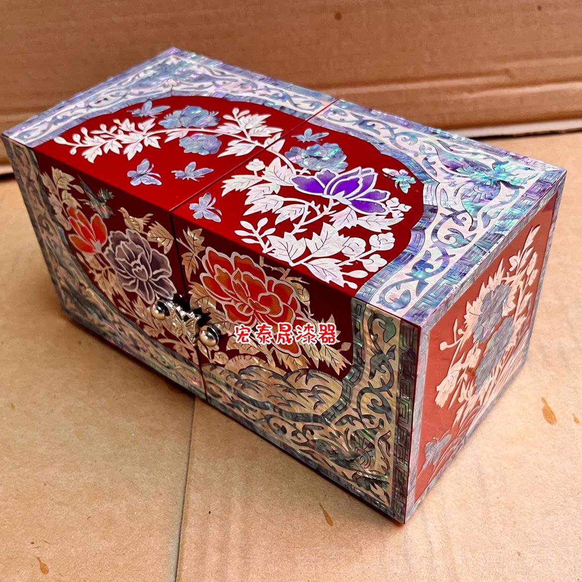 正品鲍贝首饰盒螺钿多抽屉盒 工艺礼品 对开屉门抽鱼珠宝盒图片