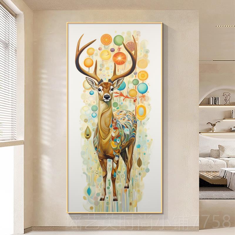 正品生有鹿入户玄关意画现代轻奢福财禄寓好走廊过道挂装饰画竖版图片