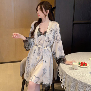 带胸垫性感冰丝绸吊带睡裙女款GP2026新款长袖睡袍春秋夏两件套装