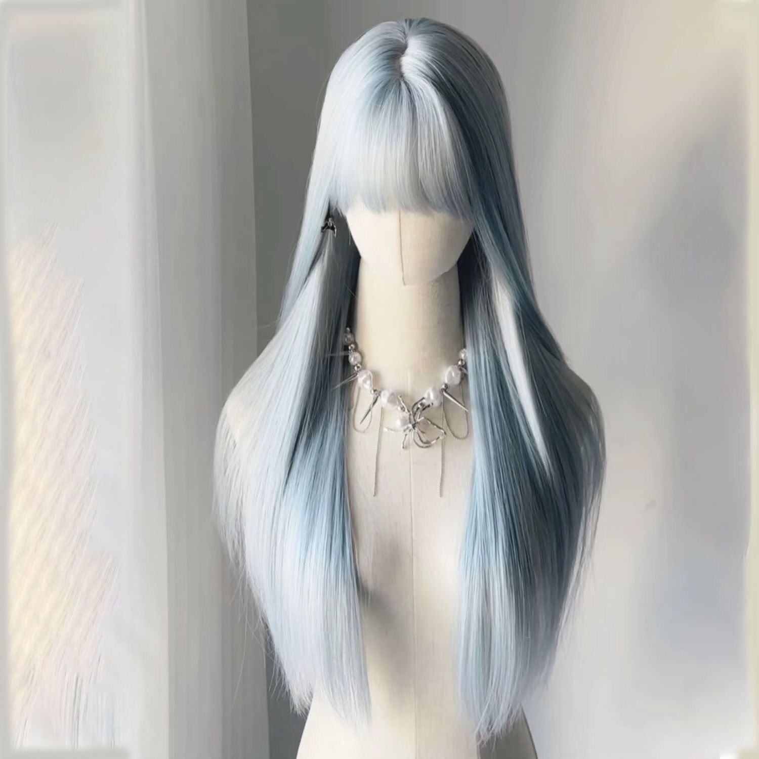 女天使冰蓝色长直发cos蓝色齐刘海真自然夏天浅色