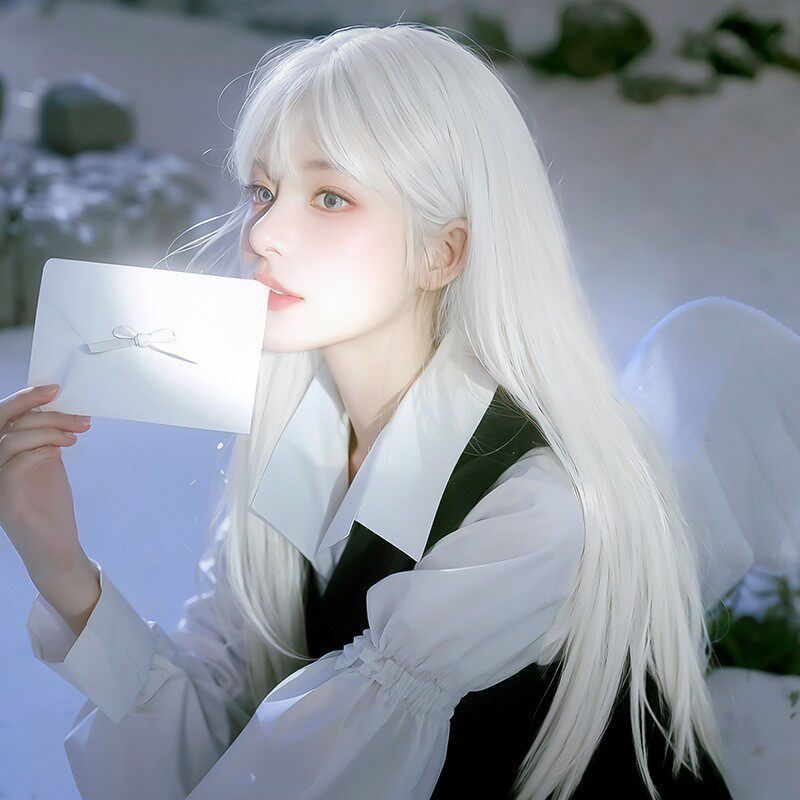 假发女白色长直发薄款短发女团Lolita气质万用cos整顶头套齐刘海