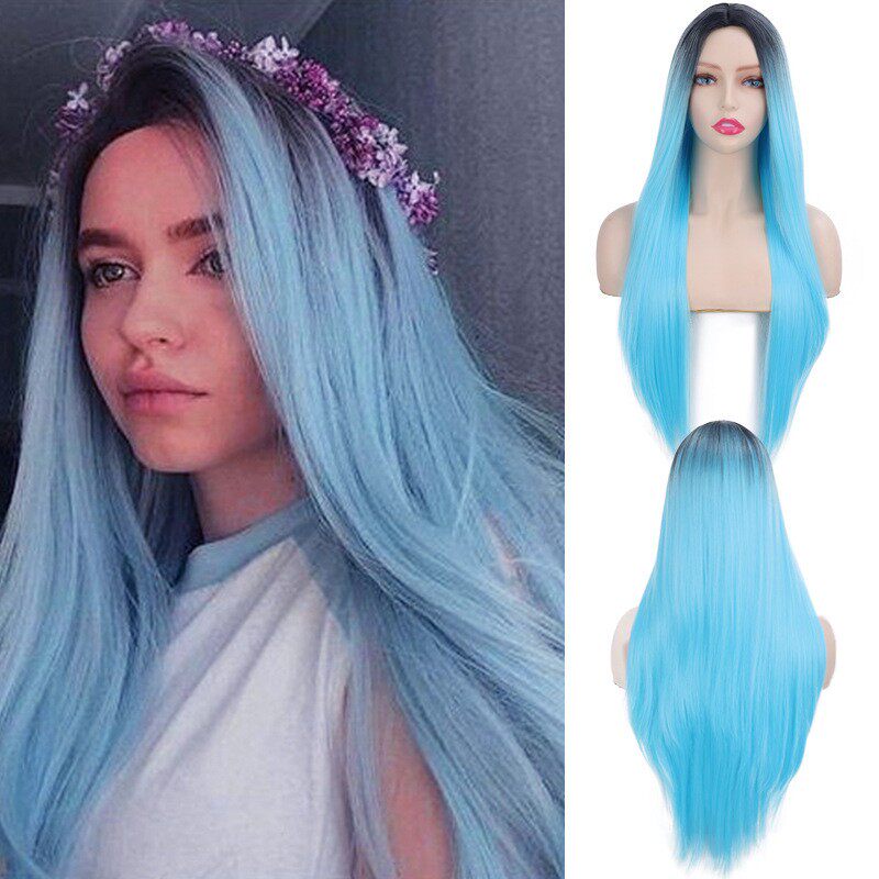 外贸假发女头顶染色手织中分长直发渐变全头套式假发cosplay假发