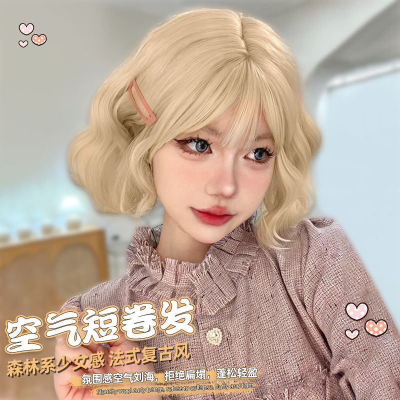 白金色假发女短发可爱减龄短卷发羊毛卷真人自然全头套