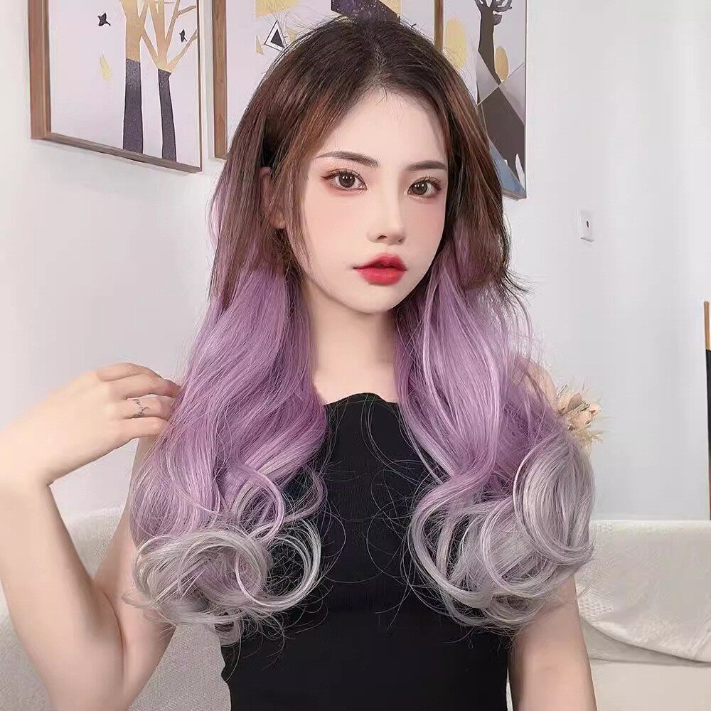 女长发自然渐变假发片女挑染一片式无痕彩色挂耳染紫
