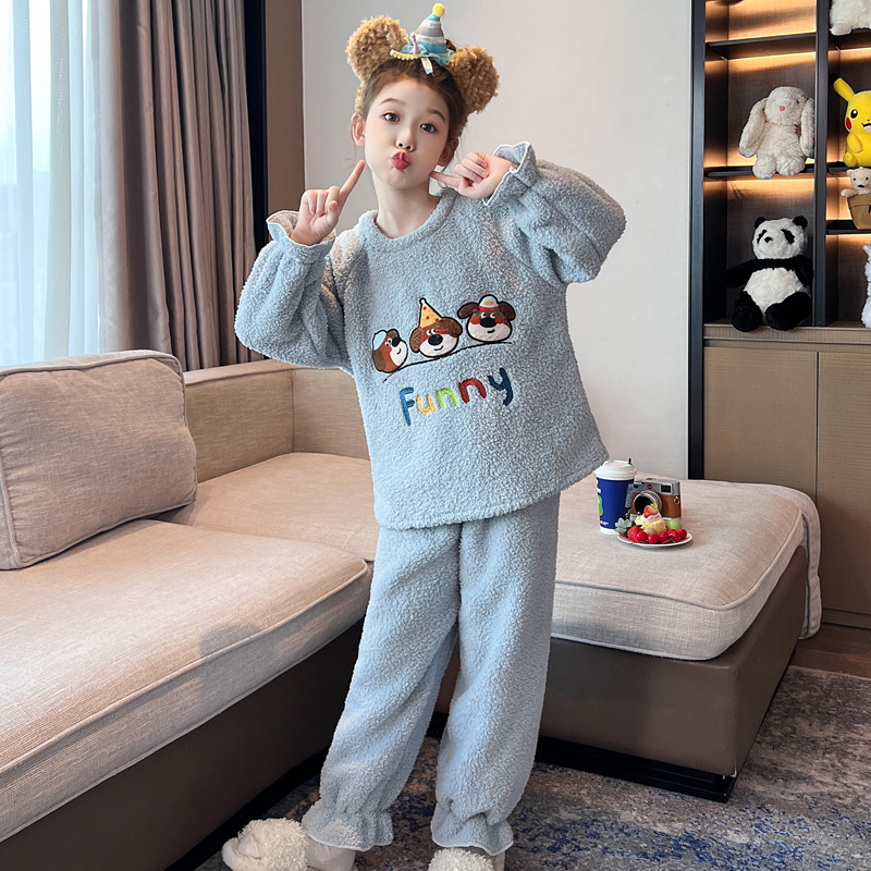 秋冬款半边绒大童女孩加厚珊瑚绒女童2025新款儿童睡衣冬季