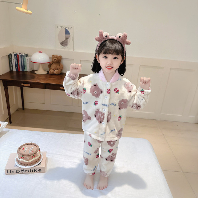 女童睡衣秋冬季法兰绒分体套装儿童小童宝宝加绒加厚珊瑚绒