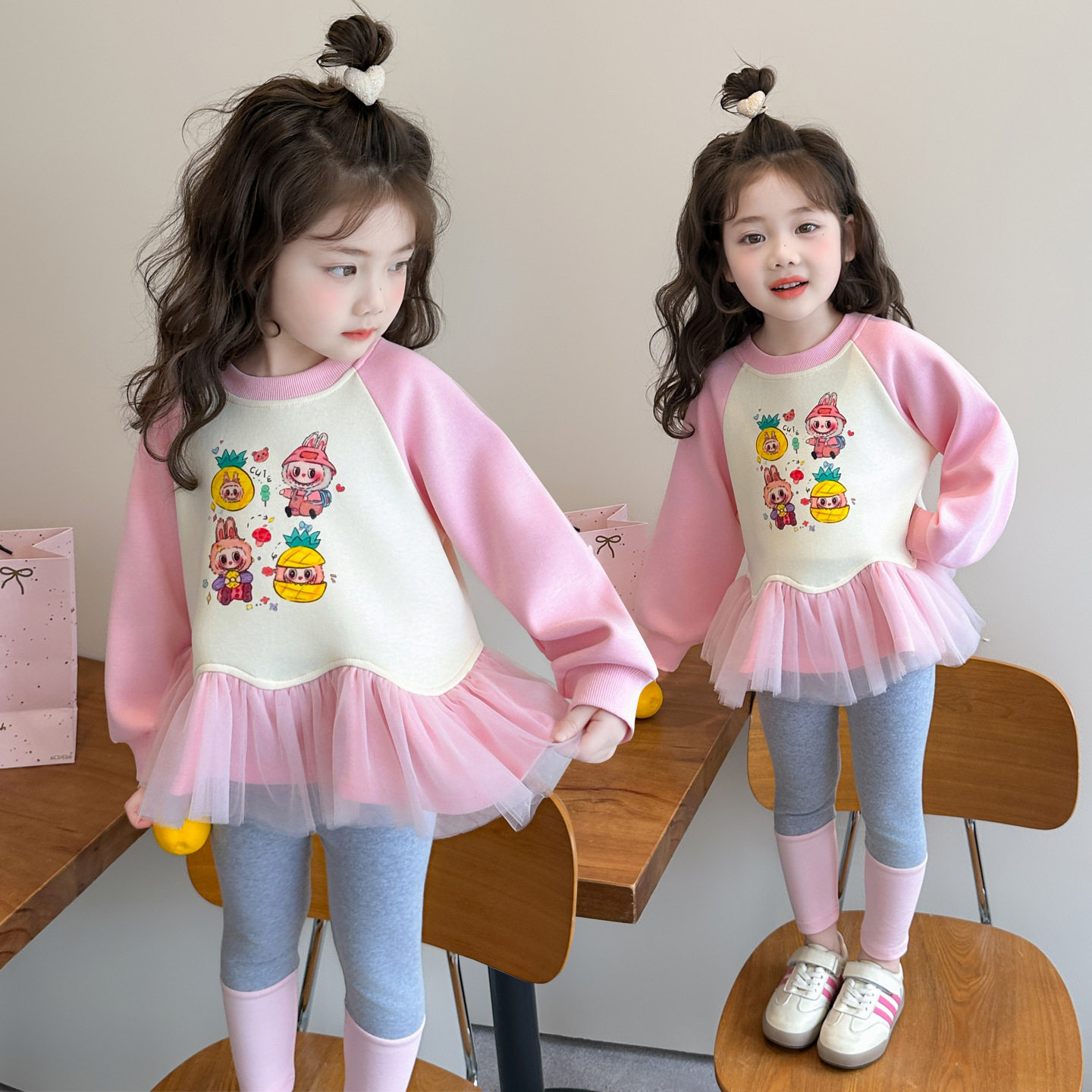 春款女童卡通娃娃印花网纱拼接卫衣裙打底裤套装儿童休闲两件套