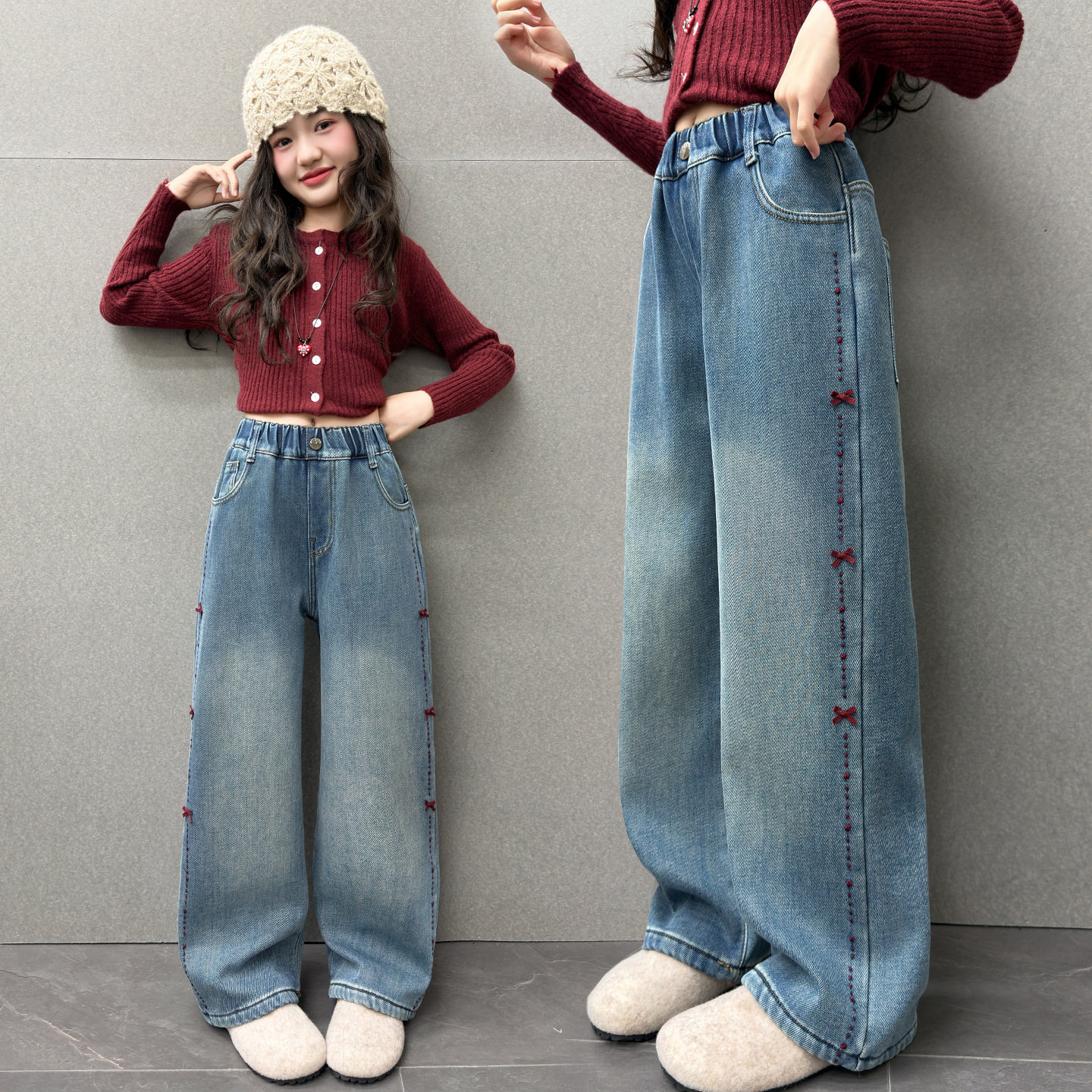 女童牛仔裤春秋2026新款韩版宽松直筒大童春天阔腿裤春季儿童裤子