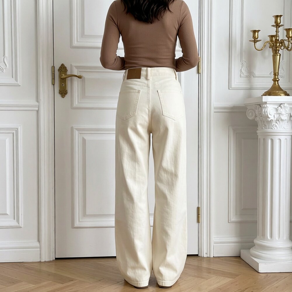 直筒牛仔裤加绒冬季女款25年现款美式米杏色高腰拖地宽松阔腿裤子