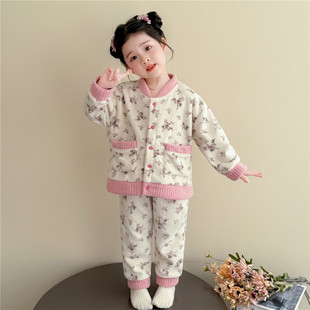 女童睡衣春秋季儿童珊瑚绒开衫2025新款加厚法兰绒女孩宝宝