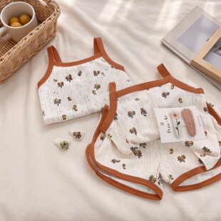 两件套女童呼吸棉家居服套装夏季宝宝吊带睡衣北欧风儿童碎花透气