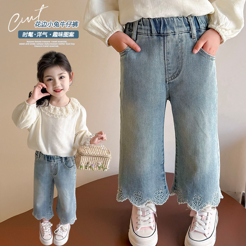 女童裤子春装儿童牛仔裤宝宝女孩2025新款运动阔腿裤春秋季洋气
