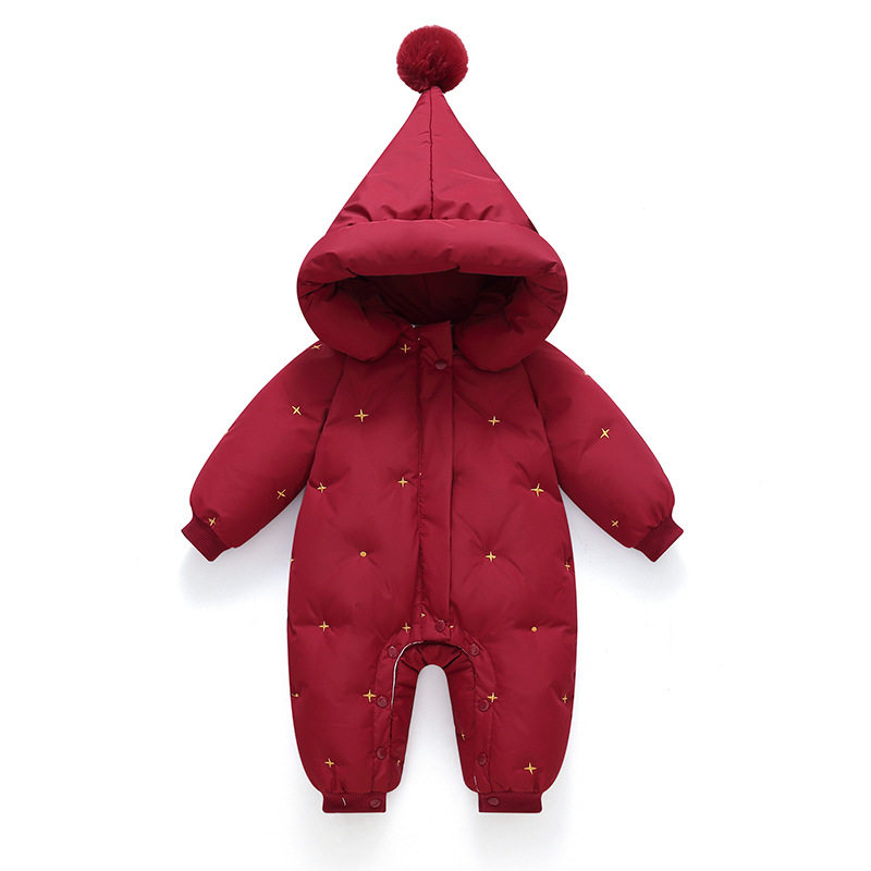 2025新款婴儿连体羽绒服新生儿连体衣爬服红色拜年服加厚保暖刺绣