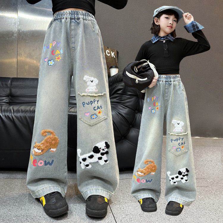 女童牛仔裤春秋2025新款中大童装宽松女童刺绣薄款阔腿裤