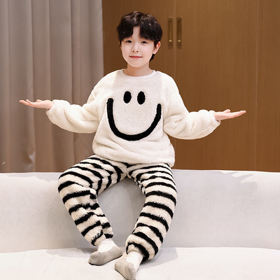 珊瑚绒男童睡衣男孩秋冬季加绒加厚可外穿保暖法兰绒家居服套装