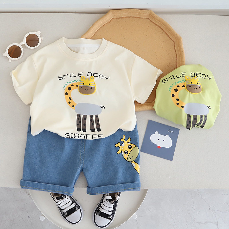 夏季新款男童卡通圆领短袖套装男宝宝休闲牛仔短裤两件套