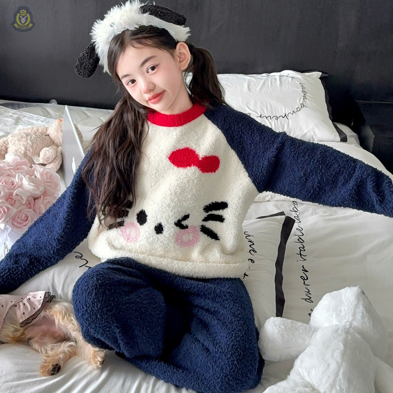 儿童可爱半边绒睡衣套装秋冬加厚保暖女孩拼色卡通休闲家居服