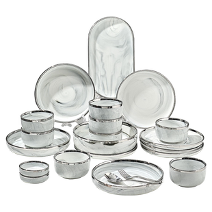 大理石银边碗家用2025新款潮州陶瓷餐具碗碟盘子组合菜盘碗具套装