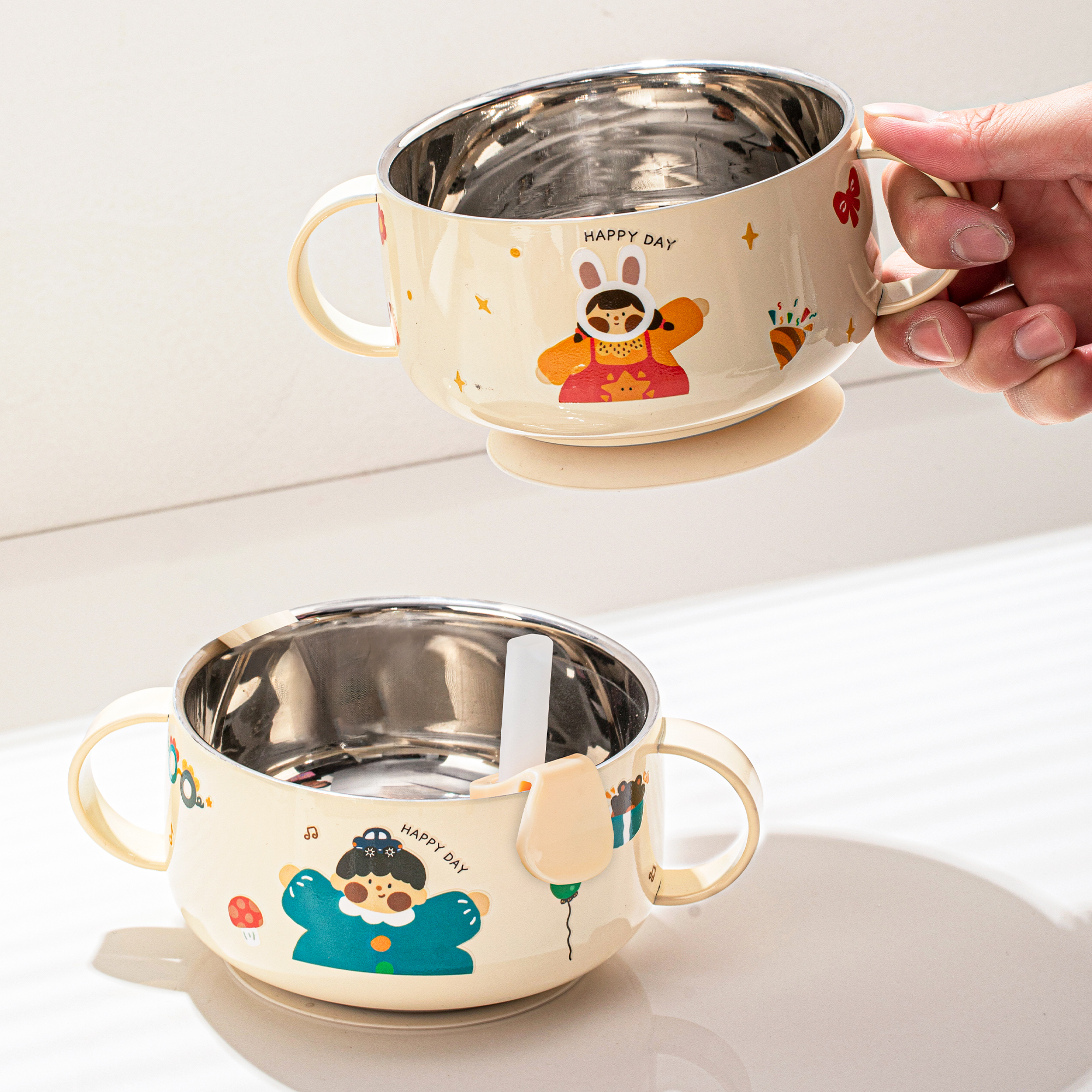 316不锈钢儿童碗辅食碗婴儿专用宝宝碗喝汤吸管碗米糊杯儿童餐具