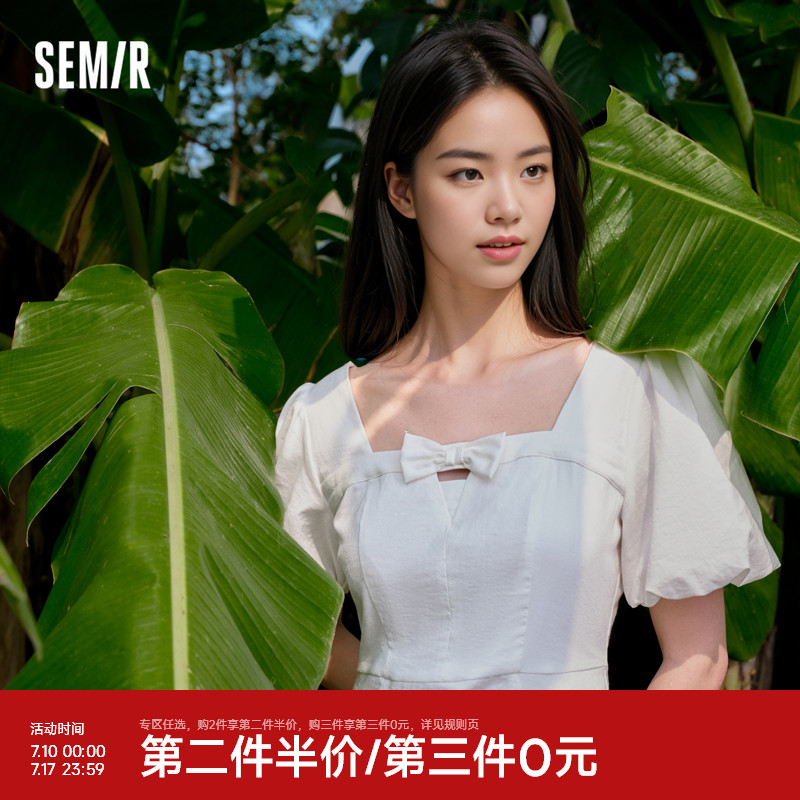森马连衣裙女泡泡袖法式甜美春夏季新款蝴蝶结韩系短裙穿搭小个子