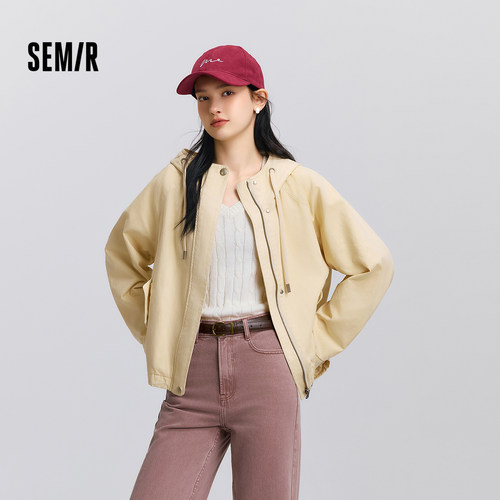 森马复古连帽插肩袖抽绳外套女