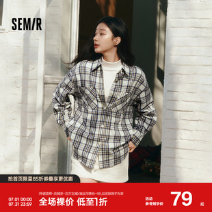 森马长袖衬衫女春季中长款oversize翻领落肩格纹上衣女生复古衬衣