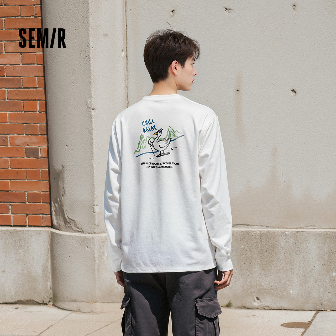 森马长袖T恤男秋可外穿印花打底衫情侣2025新款白色内搭圆领上衣