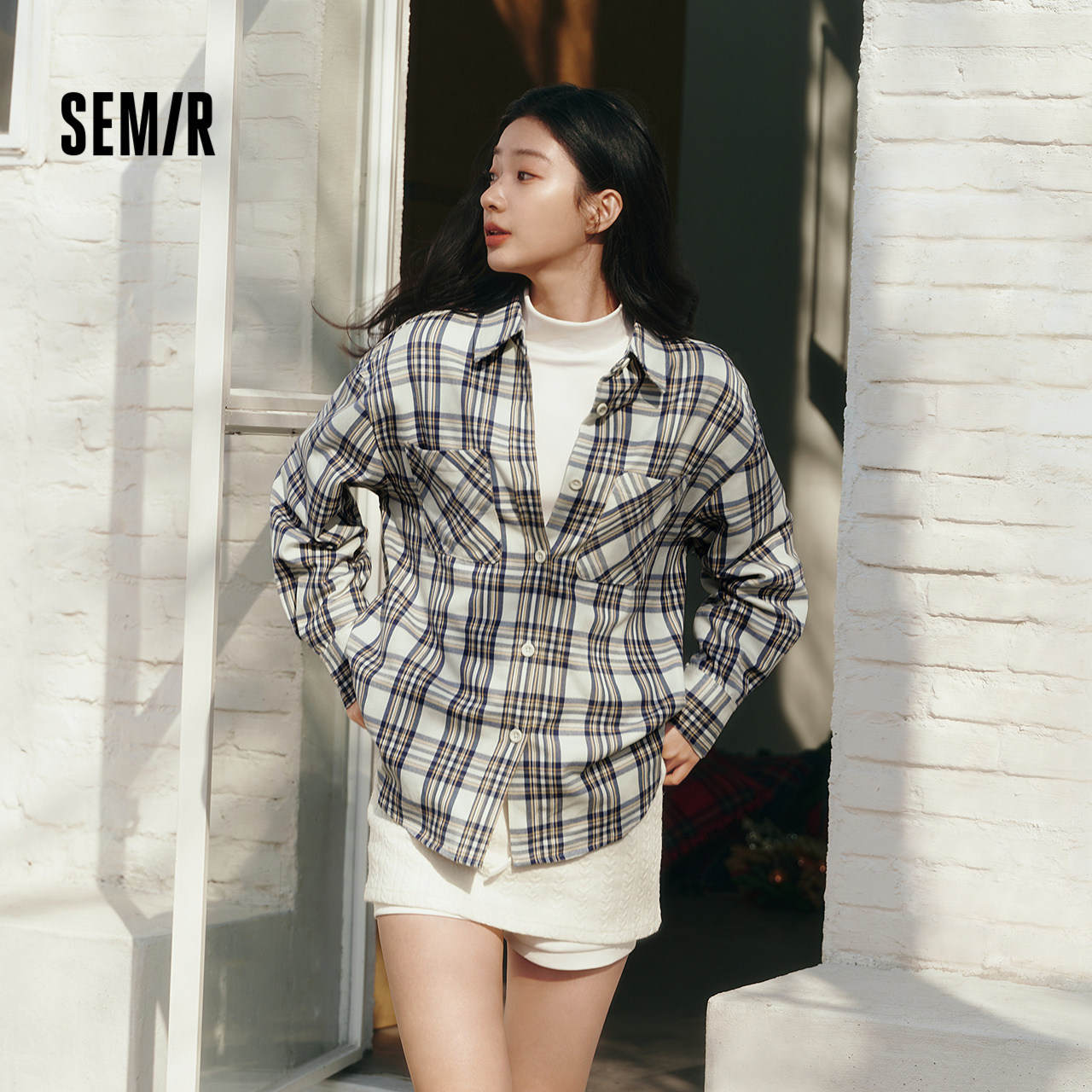 森马长袖衬衫女春季中长款oversize翻领落肩格纹上衣女生复古