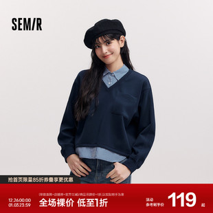 假两件条纹宽松翻领开叉设计感气质衣服 短款 森柔 森马卫衣女春季