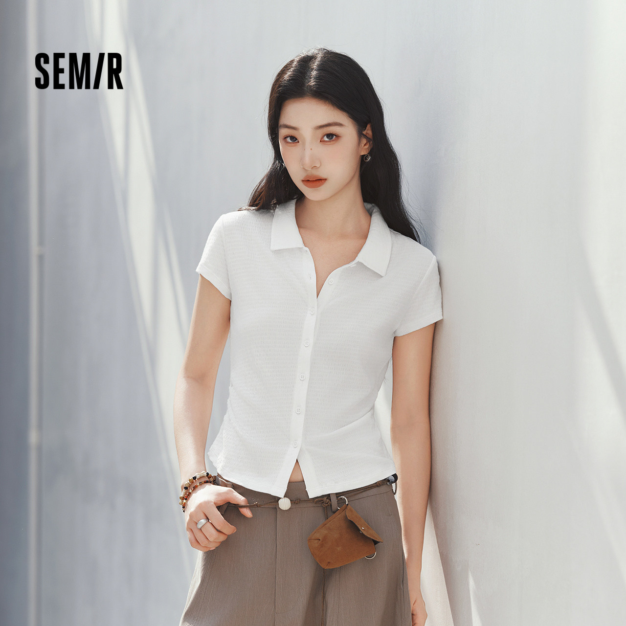 森马POLO衫女夏季短款褶皱修身提花肌理翻领2026新款简约温柔开衫