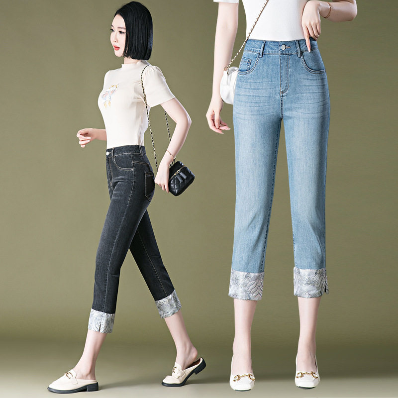 爱依服美迹旗舰店中国风牛仔裤八分中老年女裤小个子九分裤中年妈